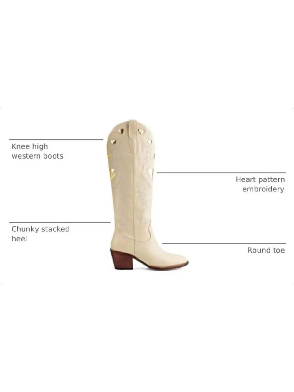 Knee High Boots for Women Heart Embroidered Western Boots Round Toe
